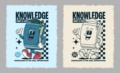 Retro retro 70s style cartoon book character illustration with graduation cap, perfect for education and poster design