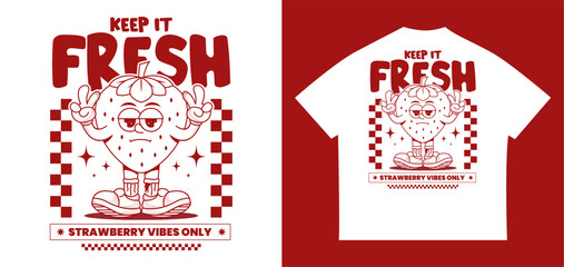Funny and cheerful strawberry character design. A cute retro illustration for kids, fashion, food art, and creative decorations