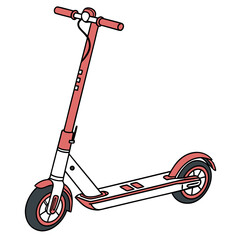 A modern coral and white electric scooter with black wheels and handlebars isolated on a white background