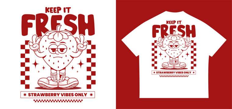 Funny and cheerful strawberry character design. A cute retro illustration for kids, fashion, food art, and creative decorations