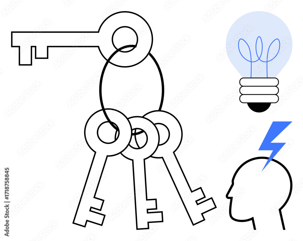 Aufkleber four keys symbolizing solutions, linked in a chain beside a glowing light bulb and a head with light
