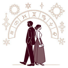 Couple standing back to back under a zodiac wheel with astrological symbols and celestial elements