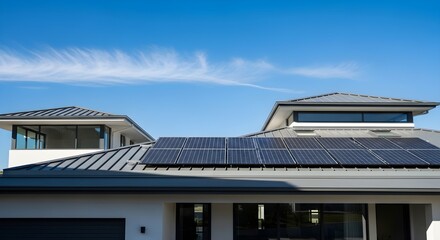 A contemporary home with sleek architecture features solar panels installed on the roof, highlighting sustainable living, renewable energy solutions, and the integration of eco-friendly technology in 