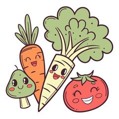 Cute kawaii vegetables with happy faces smiling together in a fun cartoon style