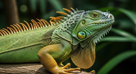 Fototapeta premium Close up portrait of a vibrant green iguana perched on a branch