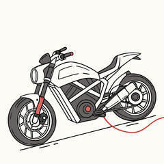 Fototapeta premium Modern white electric motorcycle with a sleek design parked on a road with a red charging cable