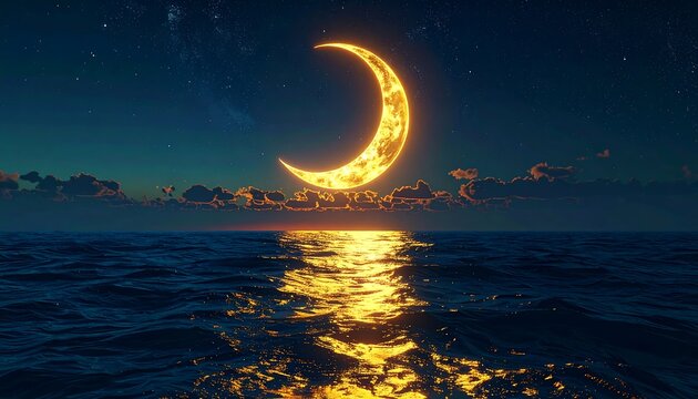 Golden crescent moon over ocean at night