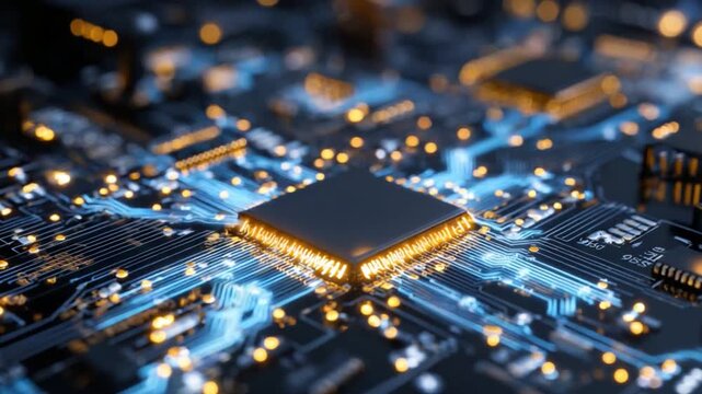 Microchip Close-up: A detailed macro shot of a microchip, a symbol of innovation and intricate technological advancements, highlighting its complexity and significance in modern life.