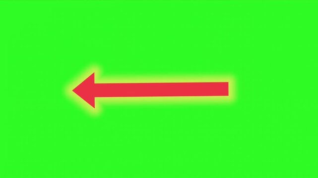 Glowing red arrow pointing left on a green screen background for video editing and motion graphics projects indicating direction and navigation with a modern and clean aesthetic for digital media