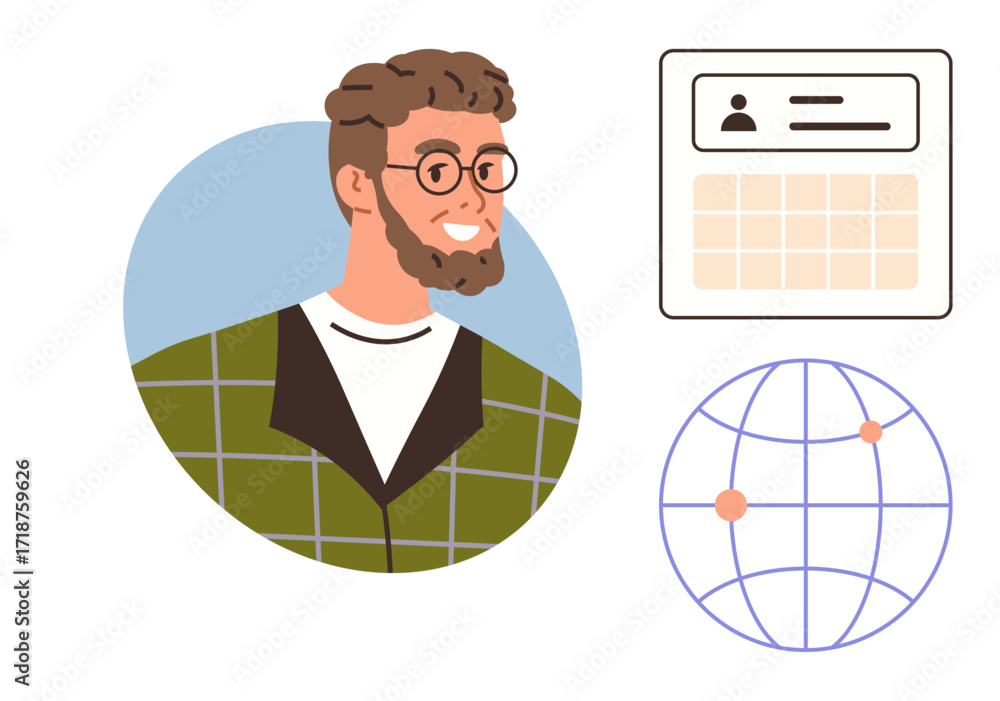 Aufkleber smiling bearded man in glasses, user id card layout, globe with connection points. ideal for network