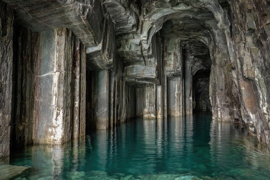 Submerged quarry, water-filled cavern with stone pillars