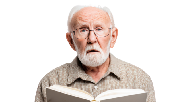 serious senior man reading book on white background