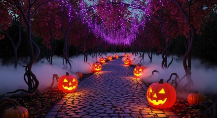 A cobblestone path with glowing jackolanterns lined by purplelit trees enveloped in mist
