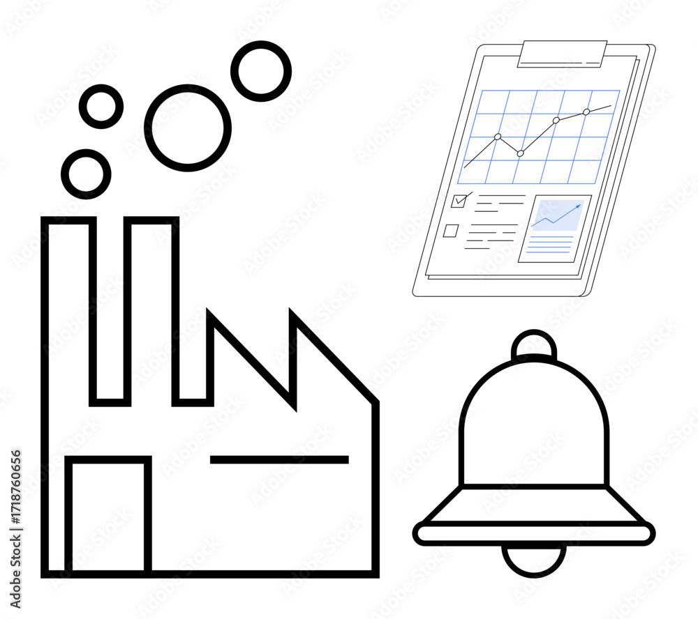 Poster factory outline emitting bubbles, clipboard with analytics graph, and notification bell symbolize pr