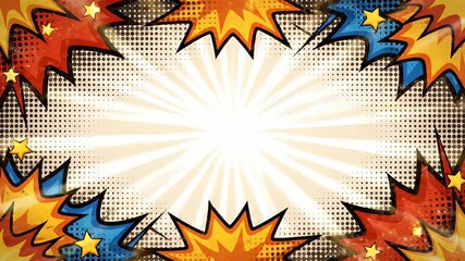 Dynamic comic book explosion burst with vibrant colors and halftone dots for energetic graphic design projects - Powered by Adobe