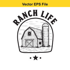 Ranch life emblem with barn and silo, isolated on white background