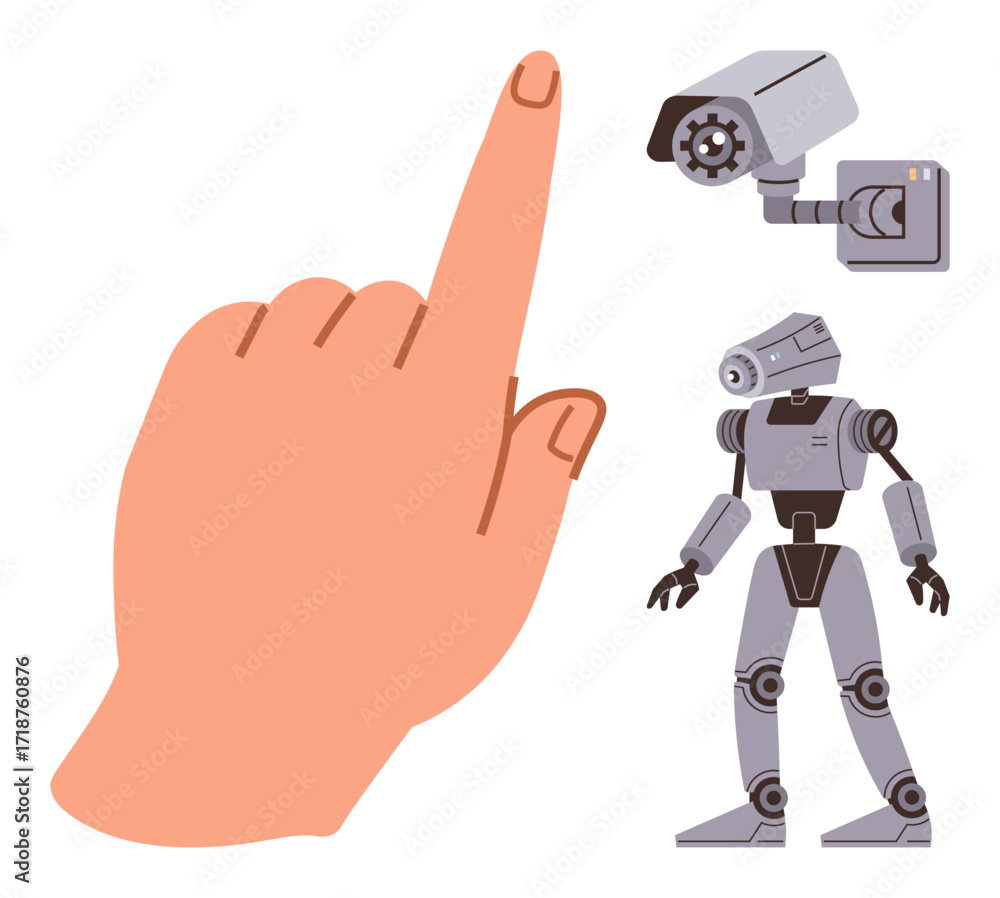 Poster human hand gestures control over advanced robotics, including a surveillance camera and humanoid rob