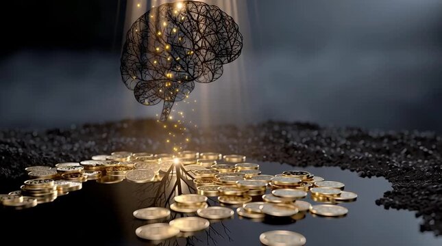 Abstract brain above coins with root system and light beams in dark background concept image