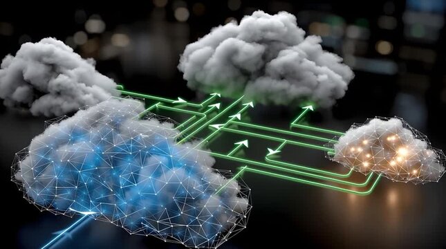 Conceptual cloud network with green arrows connecting data nodes in a modern technology setup