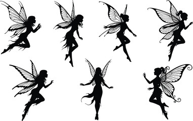 Fairy silhouette collection, magical fantasy illustration, flying fairies with wings, enchanted mythical sprite artwork, fantasy character design, mystical woodland spirit