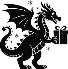 Fototapeta premium : Christmas dragon with gift silhouette vector