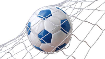soccer ball in goal net on white background