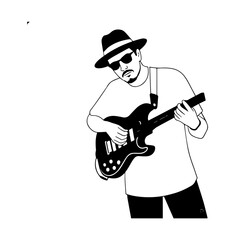 Black and white line art of a cool man playing guitar in casual outfit minimalist stylish illustration
