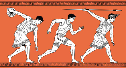 Ancient Greek Olympic athletes competing sports terracotta illustration discus javelin running historical antiquity mythology competition vector minimal graphic