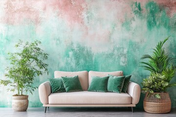 A tranquil living room scene with a stylish beige sofa, emerald green velvet cushions, and lush greenery against a textured, teal and blush colored wall.