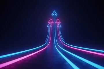 Glowing neon arrows pointing upwards on a dark background symbolizing growth and progress
