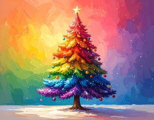Colorful Christmas tree on a snowy landscape