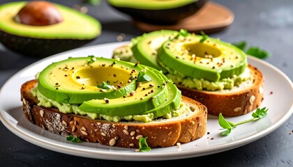 Creamy avocado slices on toasted bread (1)