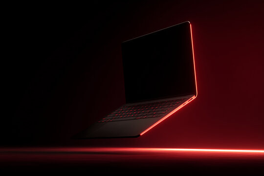 sleek laptop floating in mid air with glowing red outline, set against dark background, evokes sense of modern technology and innovation