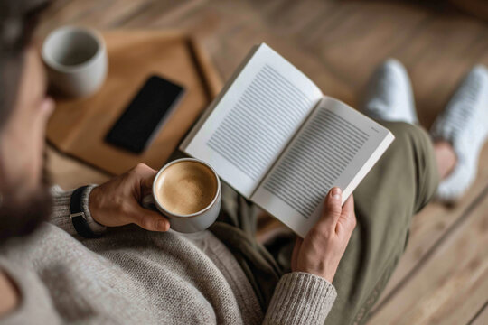 Aerial view of a person sitting on a wooden floor, wearing casual clothes, holding an open book in one hand and a cup of coffee in the other.