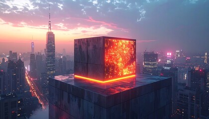 Futuristic city cube glows
