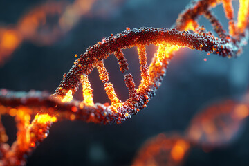 Glowing DNA strand with vibrant colors representing genetic code and biotechnology, showcasing beauty of molecular structures and scientific innovation