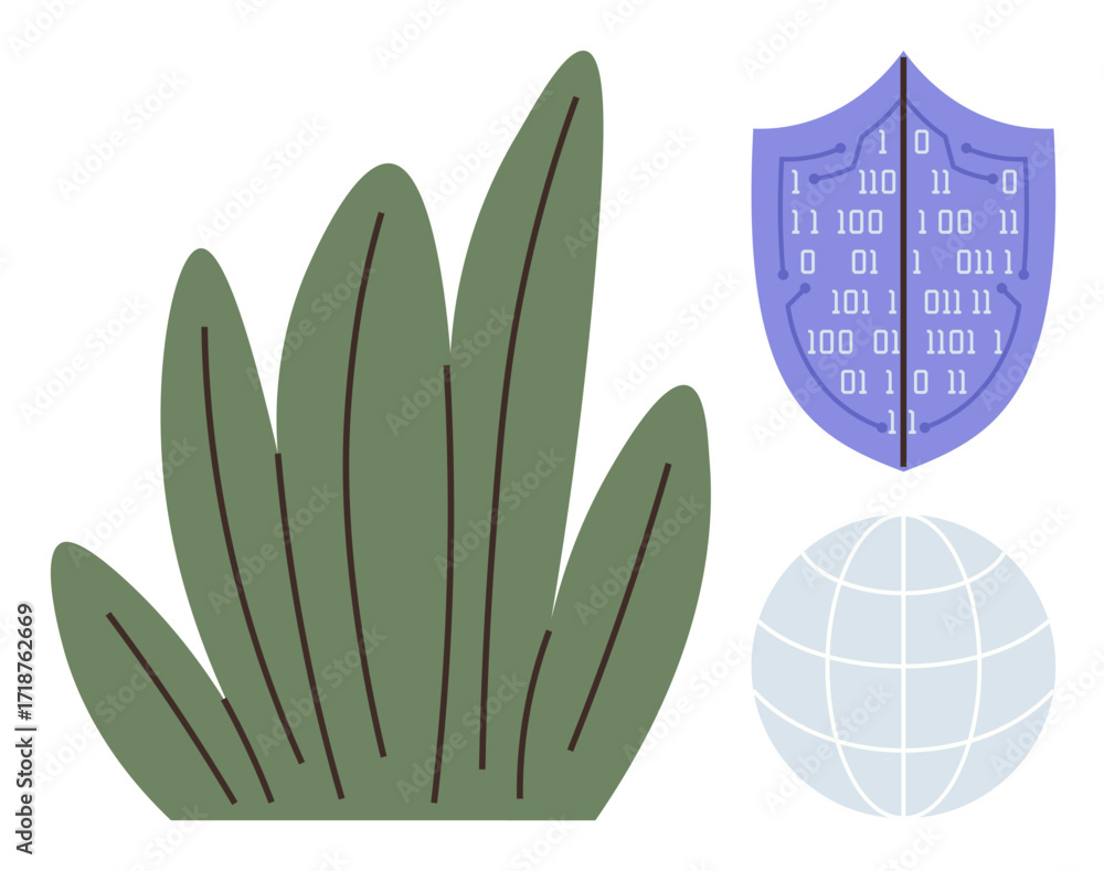 Aufkleber green leaves, purple digital shield with binary code, and globe. ideal for cybersecurity, nature-tec