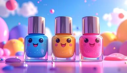 Cute nail polish bottles, vibrant colors, playful background