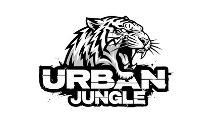 Fierce Tiger Roaring Above Urban Jungle Text in Black and White Design