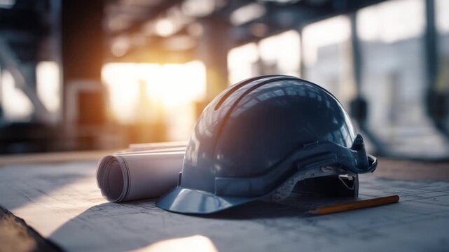 Blueprint and Hard Hat in Industrial Setting: A symbolic representation of construction and safety, with a rolled blueprint and a hard hat, set against the backdrop of a modern industrial environment.