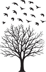 Retro grainy silhouette of a leafless tree with birds flying overhead isolated on white background