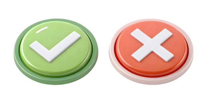 Green check mark and red cross sign isolated on white or transparent background