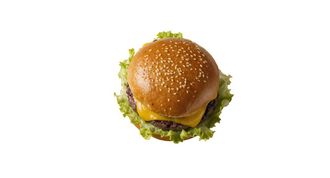 Cheeseburger on parchment paper, overhead shot, fast food, restaurant menu, delicious burger, sesame seed bun, lettuce, melted cheese, beef patty, top view, food photography, hamburger, close up,