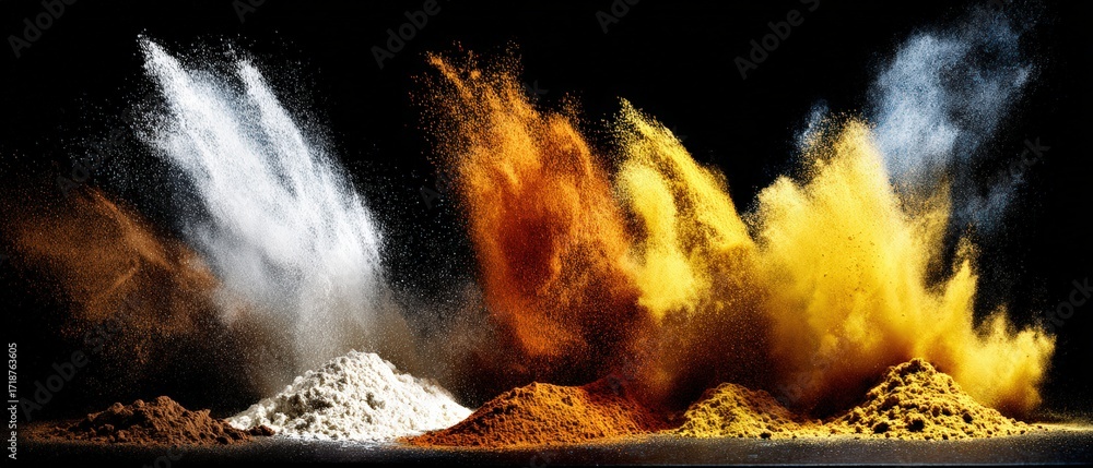 Poster colorful powder pigments explode into dynamic plumes against a stark black background, creating an a