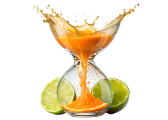 orange and lime juice splash inside hourglass png image on transparent background