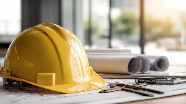 Construction Blueprint and Equipment: A still life of a construction site with a yellow hardhat, blueprints, and drafting tools, creating a sense of industry, design, and safety.