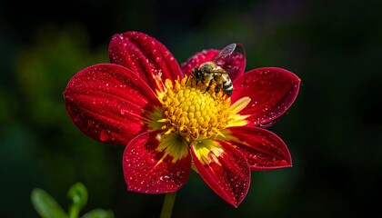Bee on a vibrant red dahlia