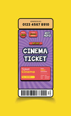 Cinema or movie ticket template featuring a realistic retro cinema design, classic front view layout, and detailed vector illustration perfect for posters, events, collectibles.