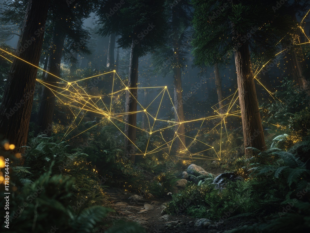 Poster glowing network of interconnected lines forms geometric shapes in a dense forest, illustrating conne