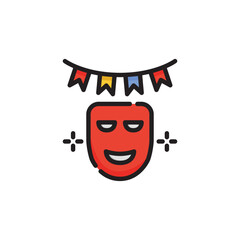 A red mask with black outlines is beneath a banner of red yellow blue and red flags. Icon vector illustration
